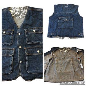 90s Vintage Denim Vest Large Cargo Big Pockets Vintage Hong Kong
